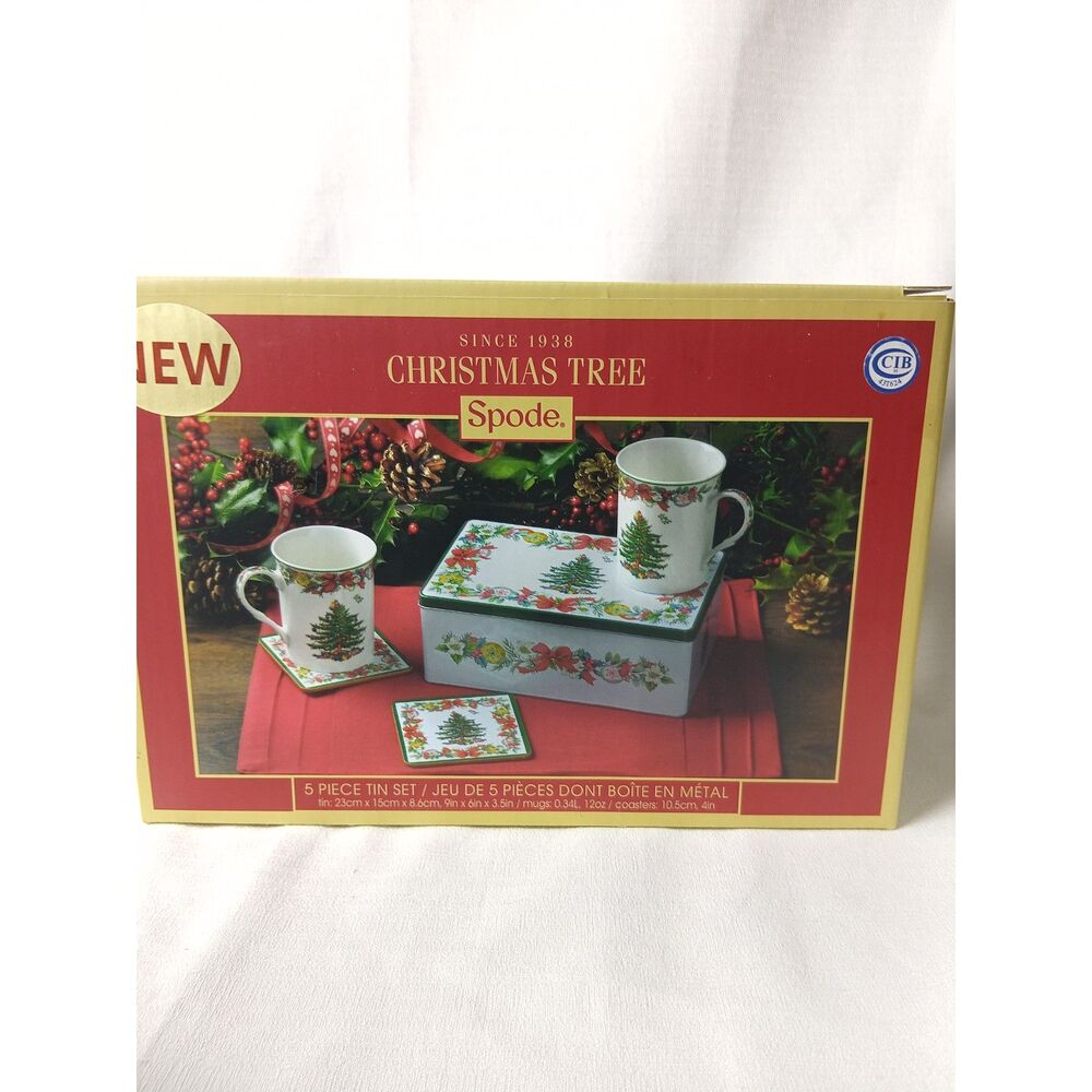 Spode Christmas Tree 5 Piece Set 2 Mugs 2 Coasters Tin Holiday Gift Set